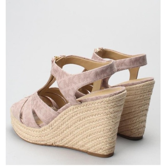 MICHAEL KORS PINK WEDGE SANDAL BERKLEY LOGO JACQUARD IN SOFT PINK SIZE 10 - Picture 3 of 15